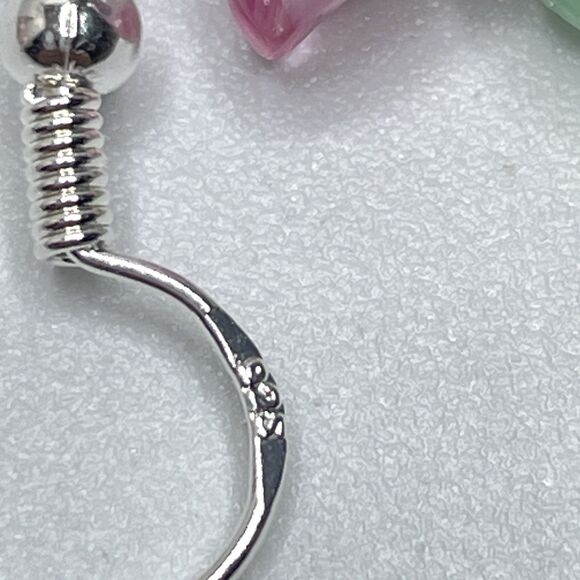 Artisan Boho Pink Green Flower Beaded Silver Tone Dangle Earrings Cute - Picture 5 of 6